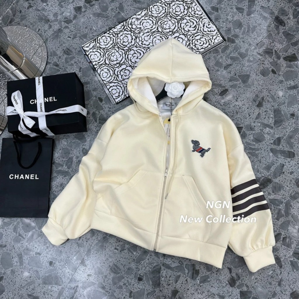 Áo Khoác Nữ, Áo Khoác Nỉ Thome Hình Con Chó Phối Tay Vạch Kèm Mũ 2 Lớp Dày Dặn