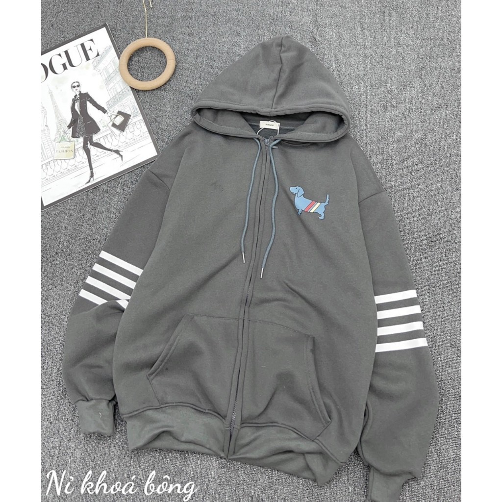 Áo Khoác Nữ, Áo Khoác Nỉ Thome Hình Con Chó Phối Tay Vạch Kèm Mũ 2 Lớp Dày Dặn