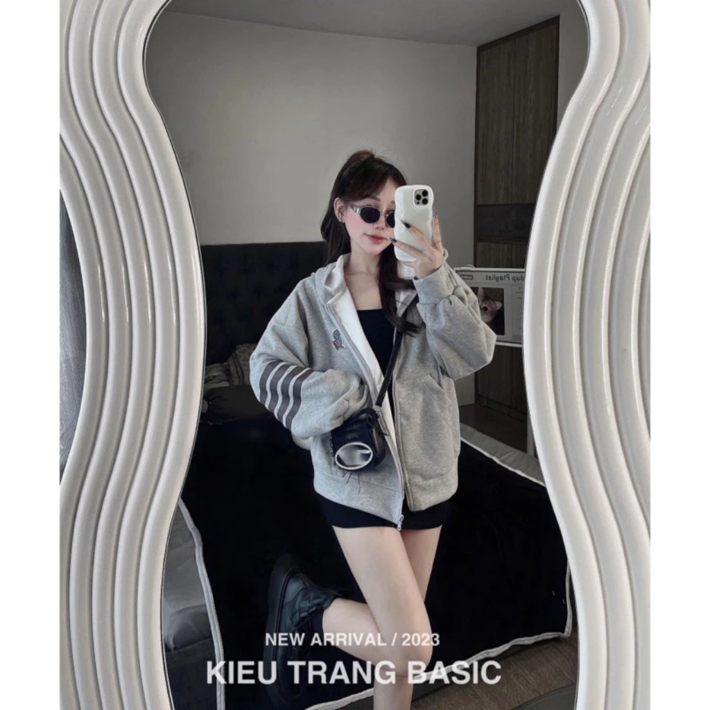 Áo Khoác Nữ, Áo Khoác Nỉ Thome Hình Con Chó Phối Tay Vạch Kèm Mũ 2 Lớp Dày Dặn