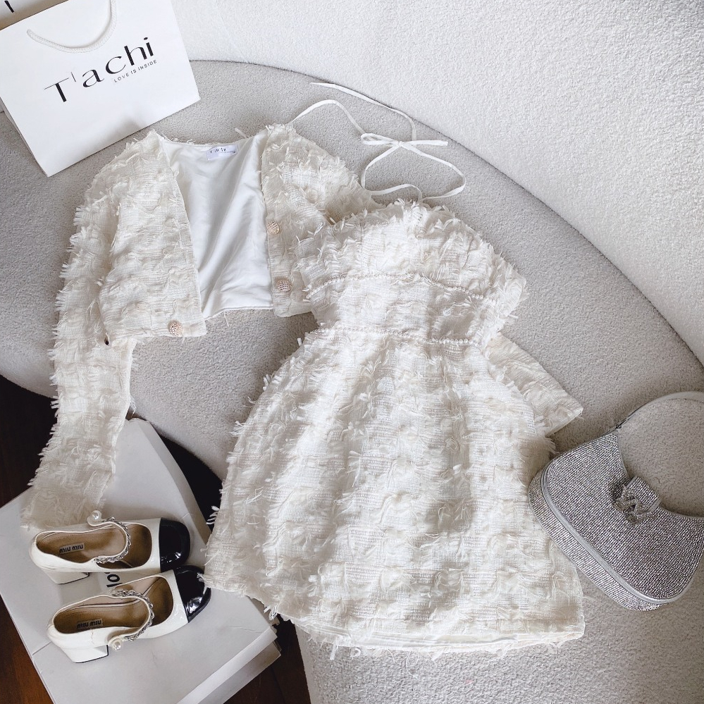 Đầm thiết kế Harly phối lông vũ dây cổ yếm + áo khoác crop - Tachi