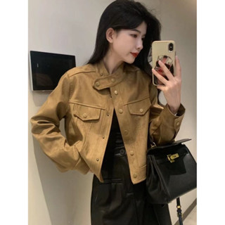 Áo khoác da lộn nâu cúc đồng dáng ngắn, QCCC 2 lớp