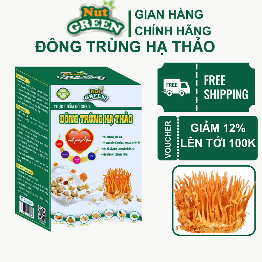 Đồng Trùng Hạ Thảo Nutgreen mix Canxi hữu cơ, Nano curcumin, Colagen, Ngũ cốc ogranic hộp 500G