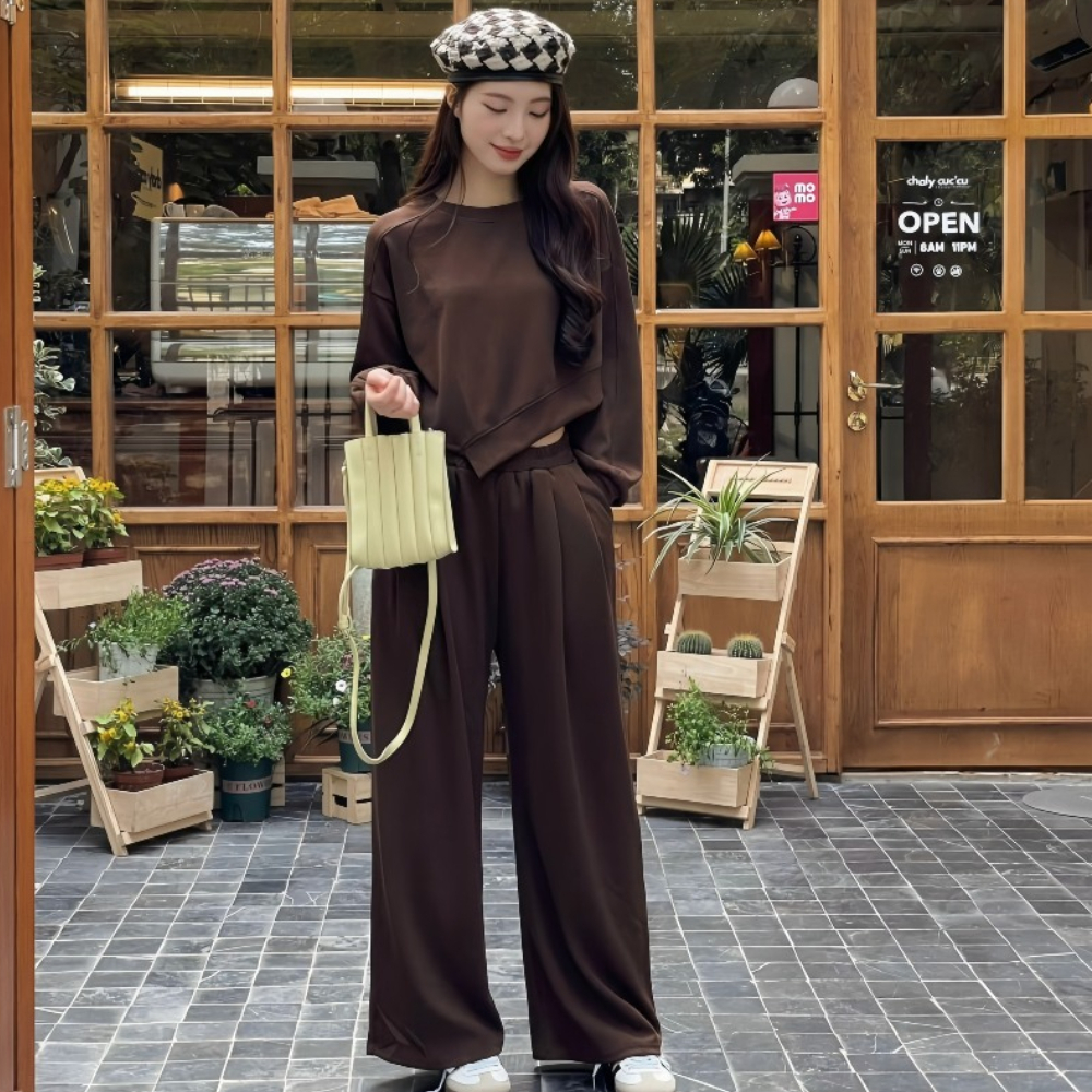 Set bộ xẻ vạt áo dài tay thu đông và quần dài chất thun gân, set bộ mặc siêu xinh