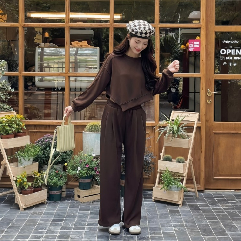 Set bộ xẻ vạt áo dài tay thu đông và quần dài chất thun gân, set bộ mặc siêu xinh