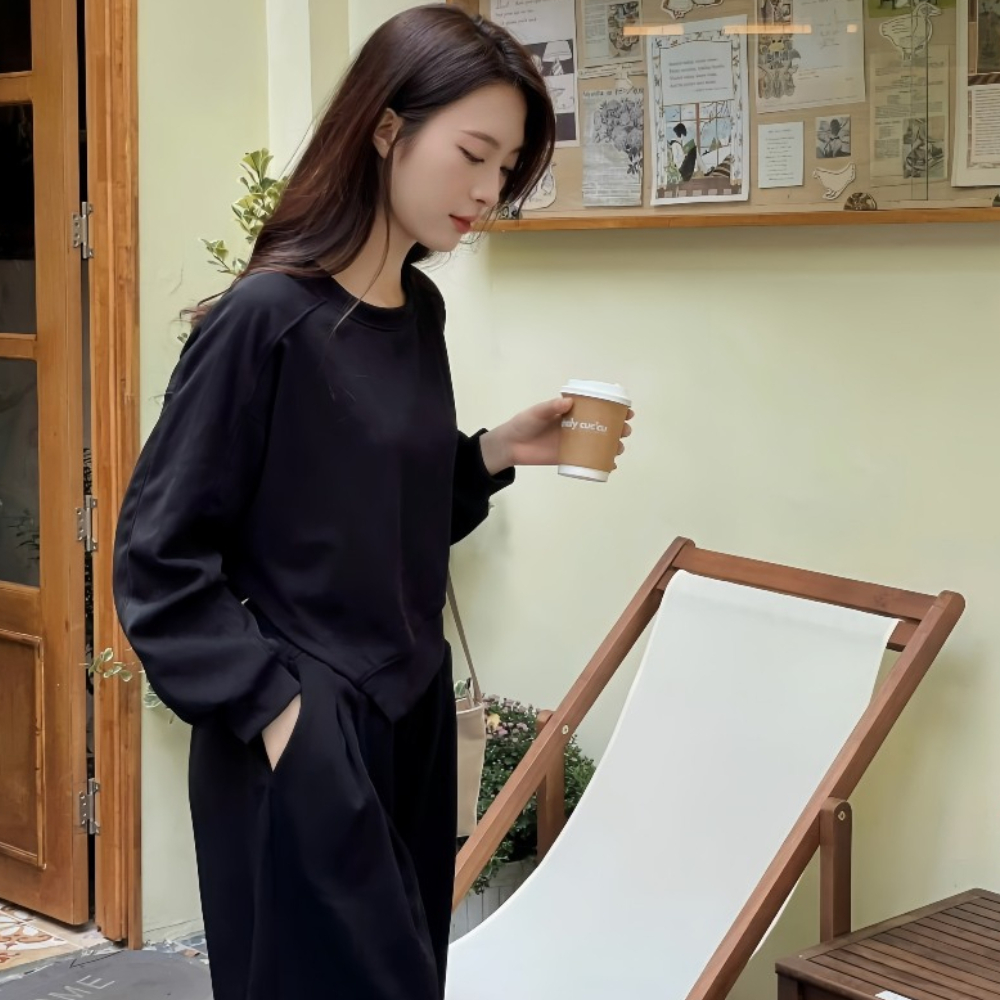 Set bộ xẻ vạt áo dài tay thu đông và quần dài chất thun gân, set bộ mặc siêu xinh