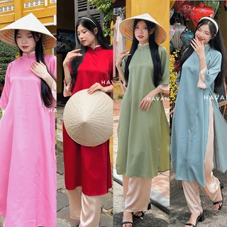 Set áo dài cách tân nữ lụa trơn dáng suông phối tay loe 2 lớp tặng kèm quần lụa HAVANA AD04