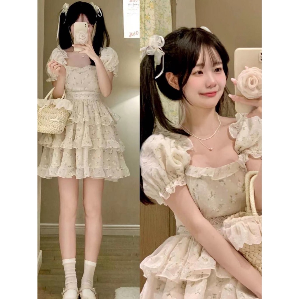 Váy đầm nữ tay phồng cổ vuông họa tiết hoa nhí phồng xòe xếp tầng tiểu thư mặc dự tiệc