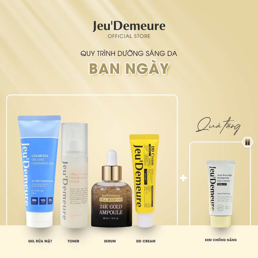 Bộ sản phẩm căng bóng da, sáng da chuyên sâu sữa rửa mặt tẩy trang Jeudemeure, toner collagen, serum peptide, kem dưỡng