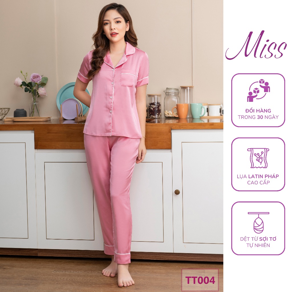 Bộ Đồ Ngủ Lụa Latin Pháp cao cấp Cộc Né Hồng - TT004