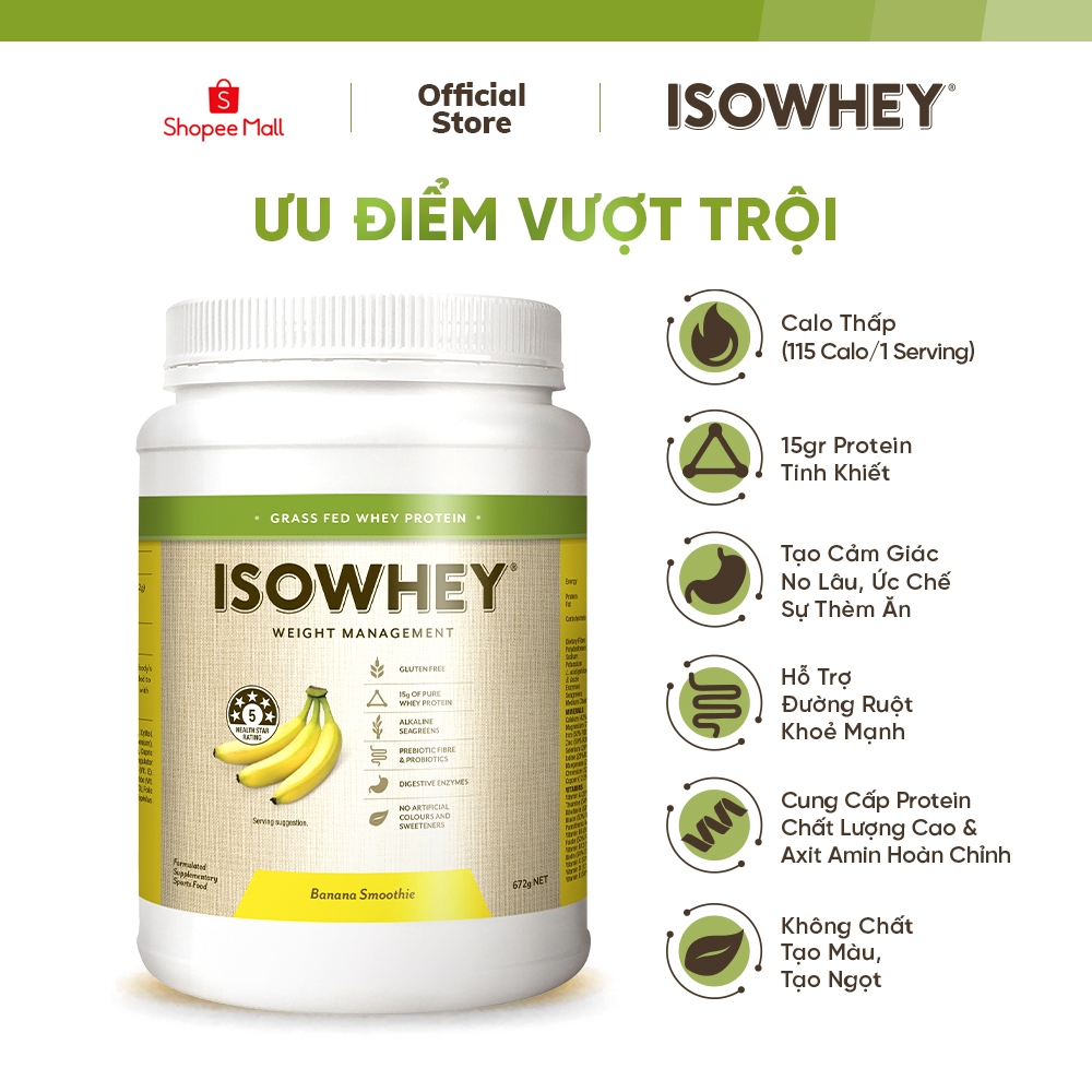 Bột Whey giảm cân cho nữ IsoWhey Complete vị chuối, hỗ trợ tăng cơ giảm mỡ 21 lần dùng, hộp 672g