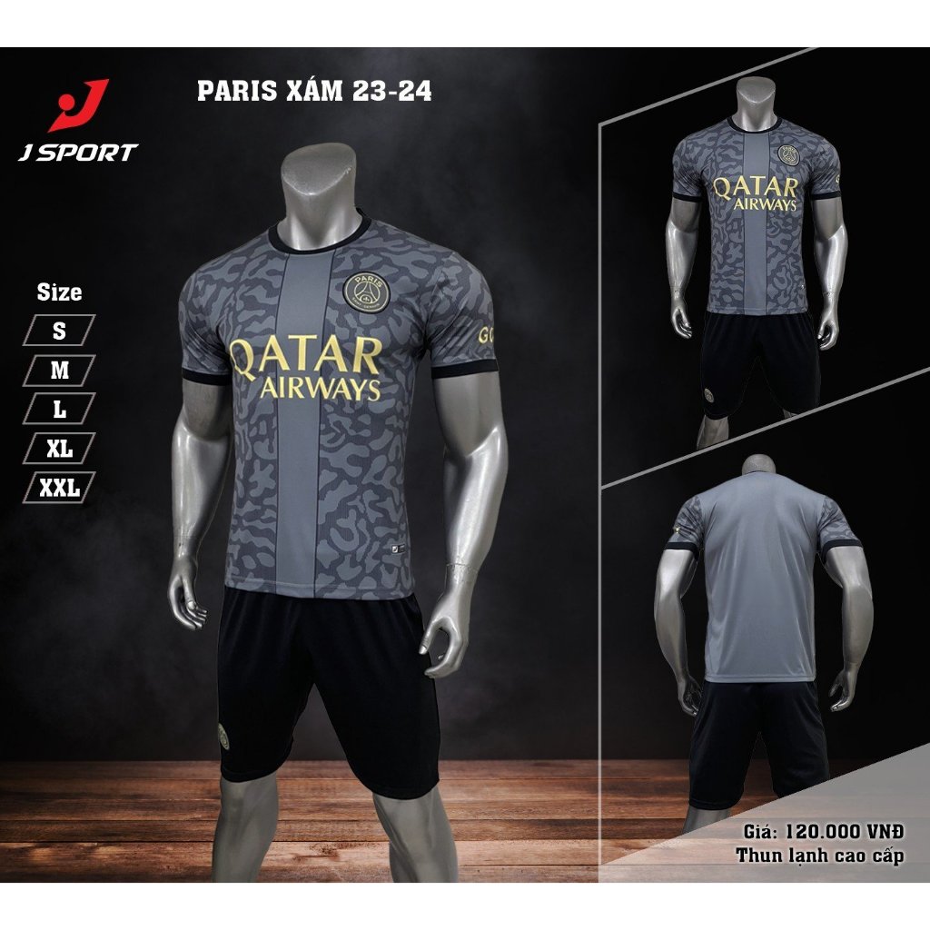 Bộ Quần Áo bóng đá PSG Sân Khách Màu Xám 2023 Logo Thêu  Thun Lạnh Cao Cấp A14