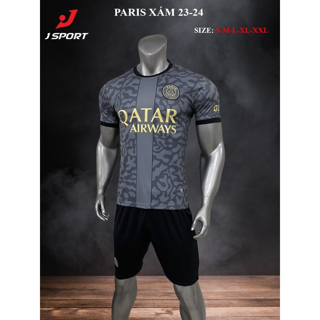 Bộ Quần Áo bóng đá PSG Sân Khách Màu Xám 2023 Logo Thêu  Thun Lạnh Cao Cấp A14