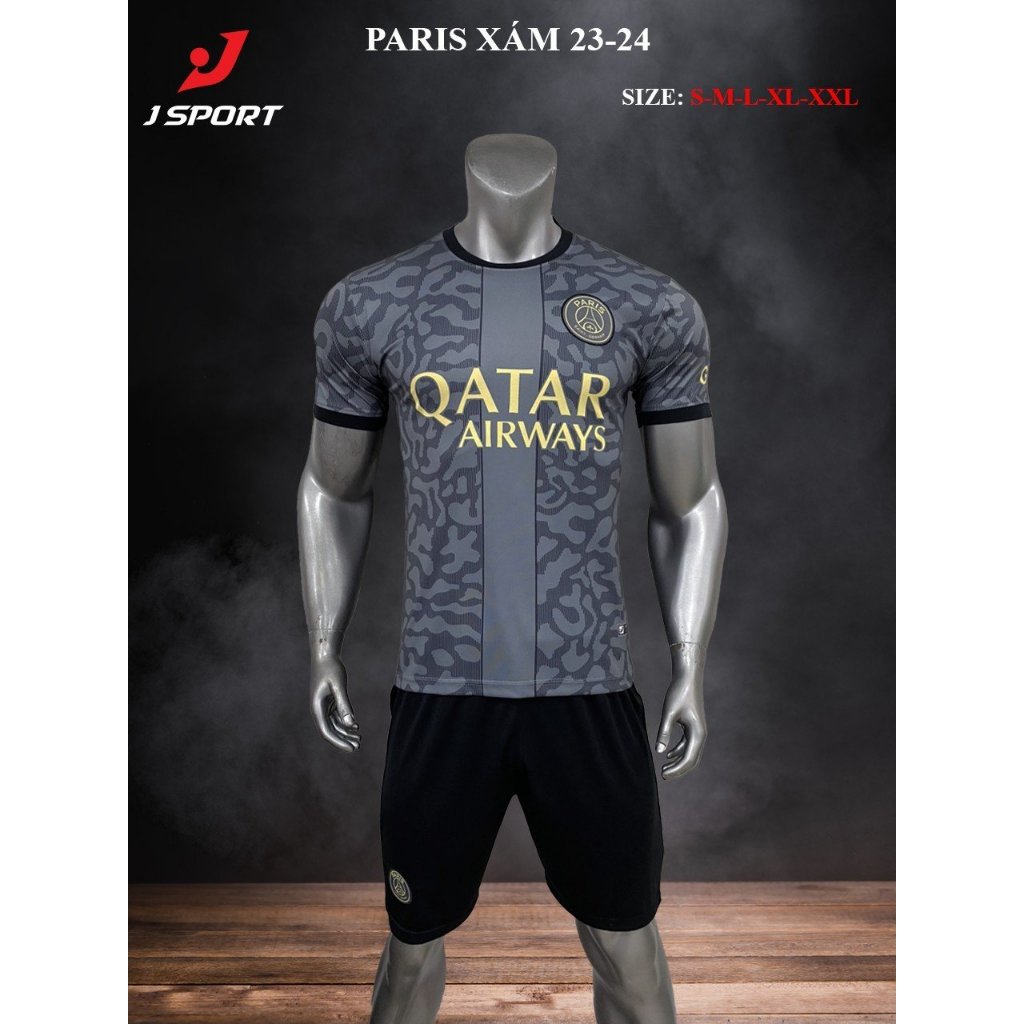 Bộ Quần Áo bóng đá PSG Sân Khách Màu Xám 2023 Logo Thêu  Thun Lạnh Cao Cấp A14