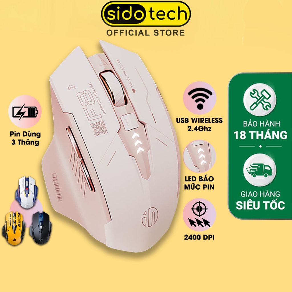 Chuột không dây silent cute SIDOTECH F8 wireless gaming sạc pin máy tính 6 nút chống ồn điều chỉnh DPI PC