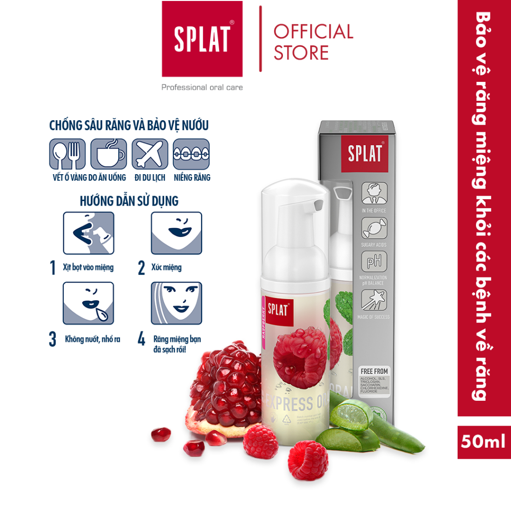 Bọt Vệ Sinh Răng Miệng Toàn Diện 2in1 SPLAT Express Oral Care Hương Mâm Xôi Đem Đến Hơi Thở Thơm Mát, Bảo Vệ Nướu 50ml