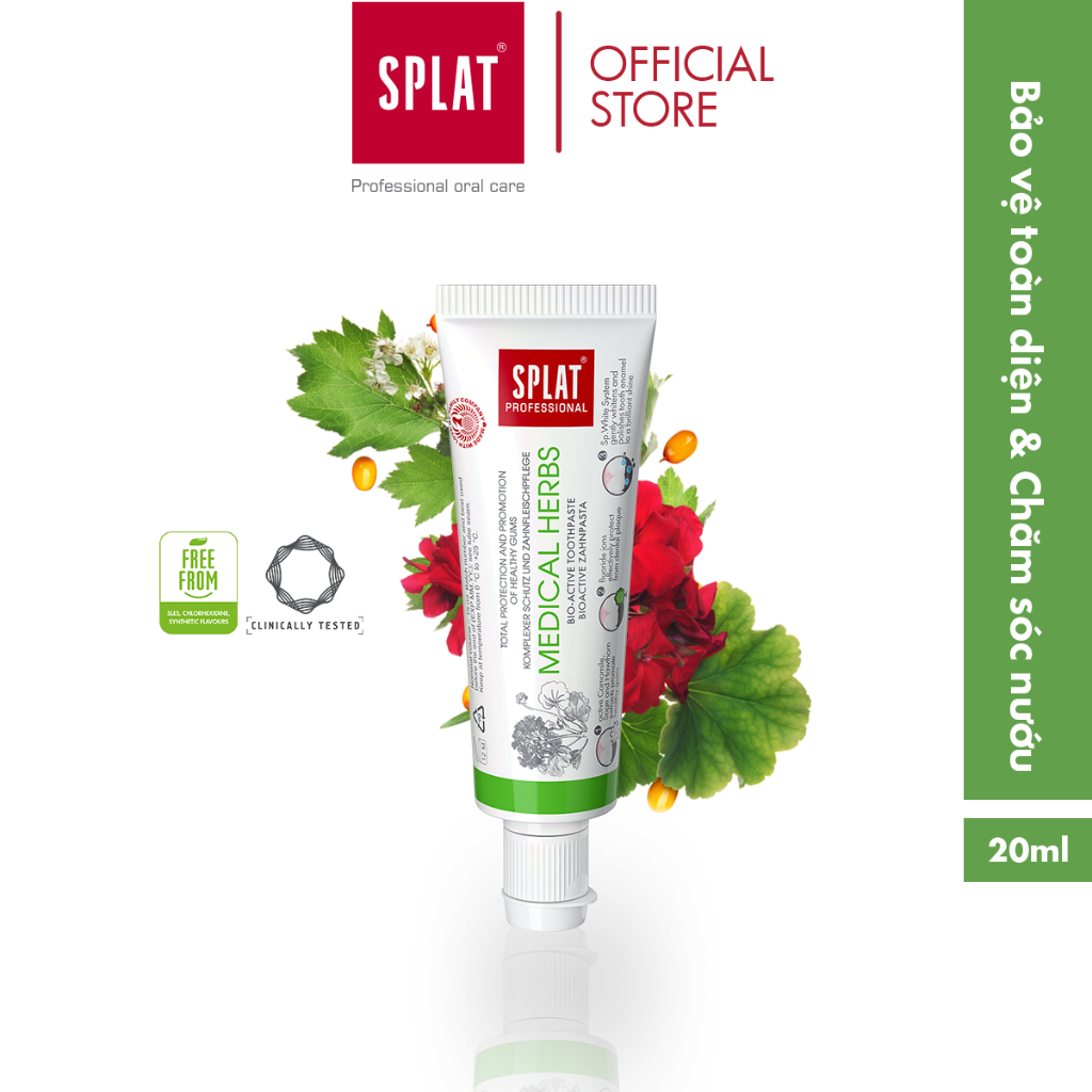 Kem Đánh Răng SPLAT Medical Herbs Professional series chứa nhiều tinh chất bảo vệ nướu và đánh bóng men răng 20ml.