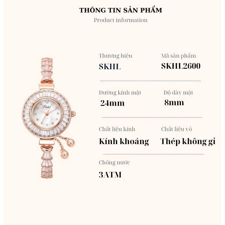 Đồng Hồ Nữ Đeo Tay Mặt Nhỏ Dây Kim Loại Đính Đá Tinh Tế Hàng Chính Hãng - Dây Rút Chắc Chắn SKHL 2600- BH 6 Tháng