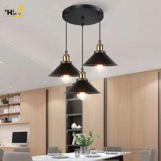 Đèn thả: đèn thả bàn ăn bộ 3 chao hình nón đuôi đồng cổ điển - đèn khả hân