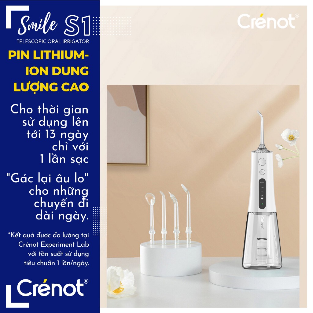Tăm nước cầm tay UNIQ x CRENOT Smile S1 máy vệ sinh răng miệng mini xịt rửa làm sạch kẽ răng niềng cạo lưỡi Waterpik