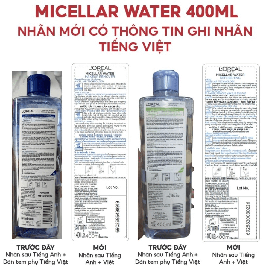 [Chính Hãng] Nước tẩy trang làm sạch, dưỡng ẩm cho mọi loại da L'Oreal 3-in-1 Micellar Water 400ml