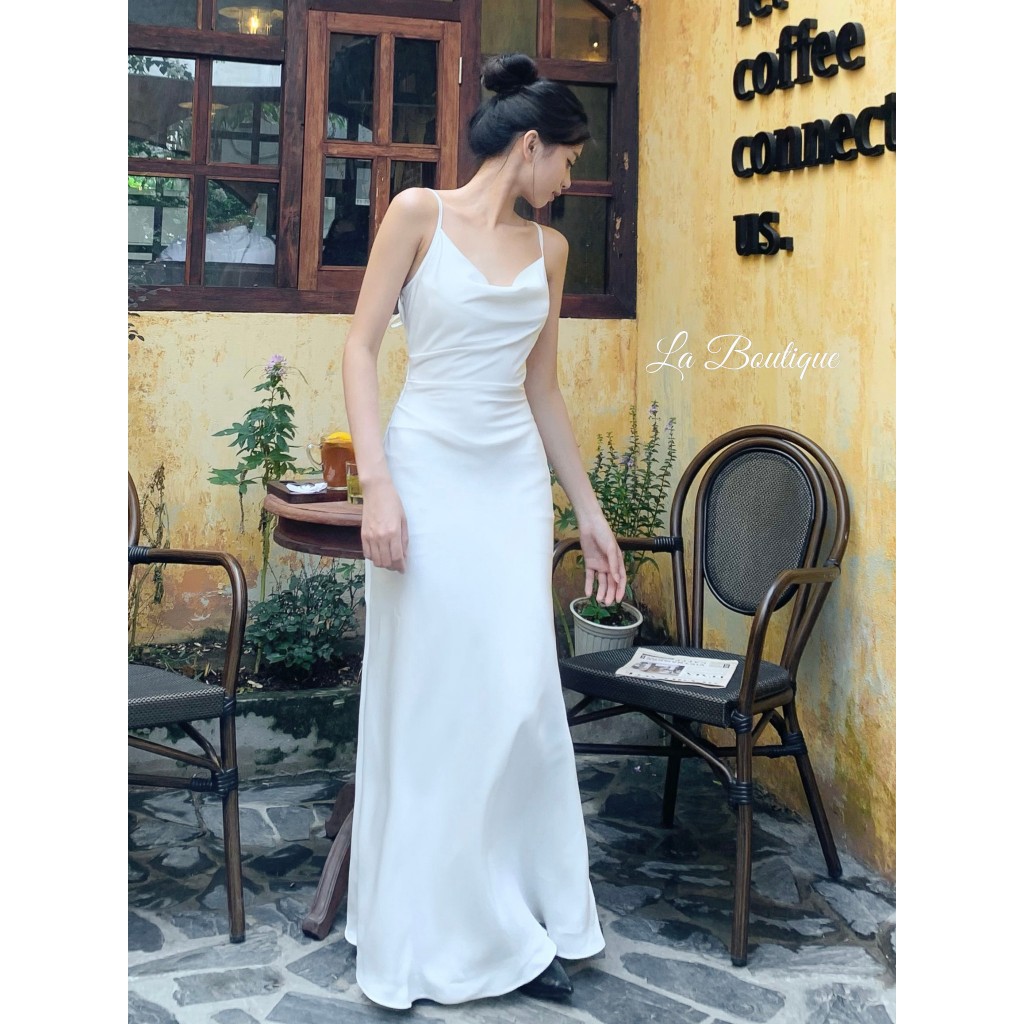 Đầm lụa dài hở lưng LA BOUTIQUE cổ đổ thiết kế sang trọng cao cấp