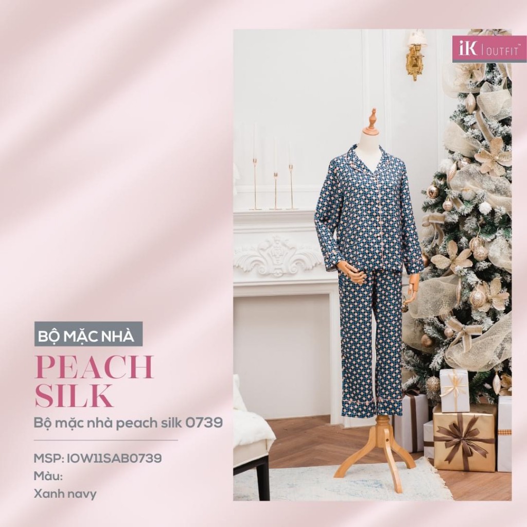 Bộ đồ mặc nhà IK cao cấp, set đồ ngủ dáng dài thu đông chất lụa luxury họa tiết tròn độc đáo, màu đơn giản