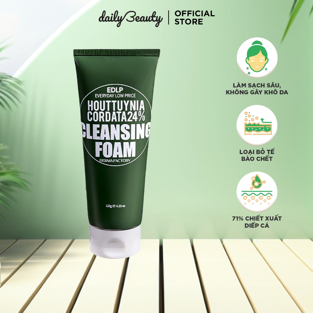 Sữa Rửa Mặt Diếp Cá Derma Factory EDLP Houttuynia Cordata 24% Cleansing Foam 120g Daily Beauty