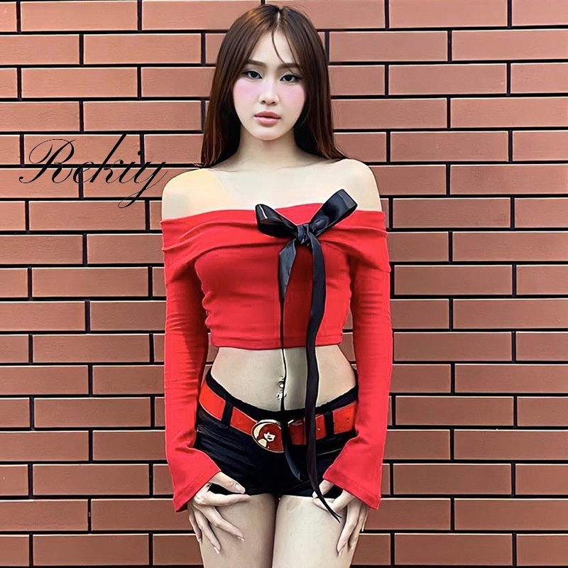 Áo Croptop Trễ Vai Màu Trơn Dáng Ôm Đính Nơ Xinh Xắn Thời Trang Cho Nữ AO5