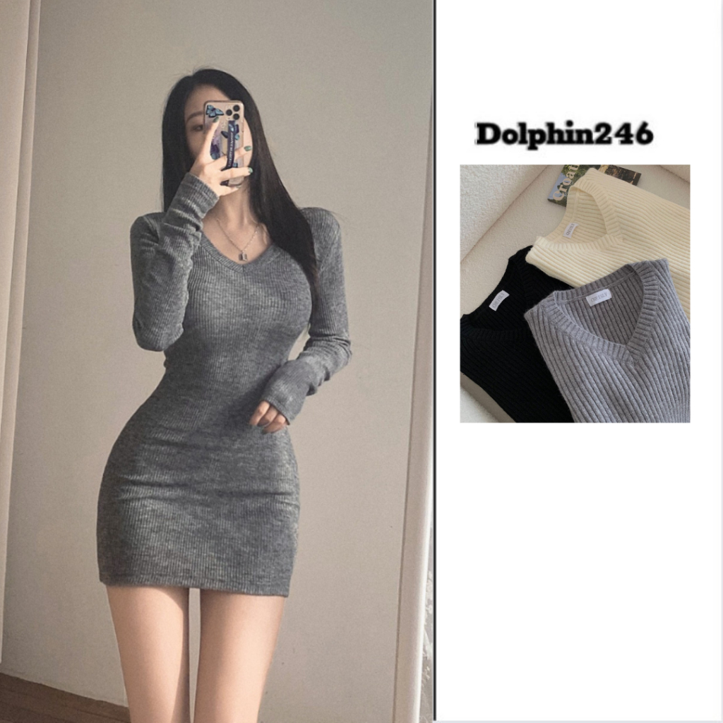 Đầm len cho nữ váy len cổ V dệt kim len gân Quảng Châu cao cấp dáng ôm body dáng ngắn sexy M374 Q-9.1
