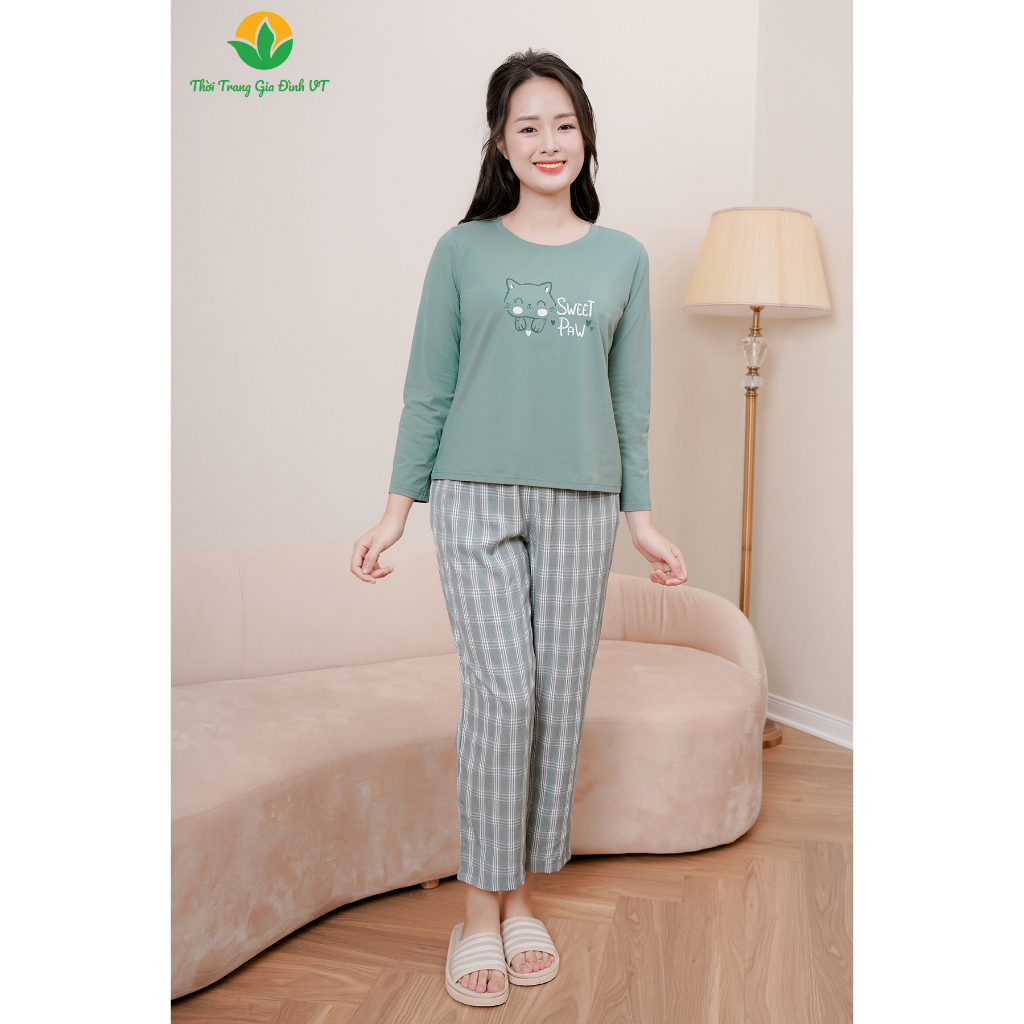 Bộ mặc nhà nữ Việt Thắng chất Cotton dệt kim quần dài , áo cộc dài tay in hình họa tiết dễ thương - B50.2306