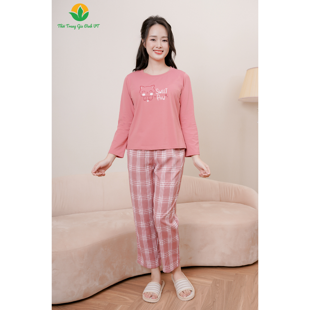 Bộ mặc nhà nữ Việt Thắng chất Cotton dệt kim quần dài , áo cộc dài tay in hình họa tiết dễ thương - B50.2306