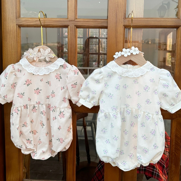 Bodysuit cổ ren tay bồng thô linen kèm băng đô