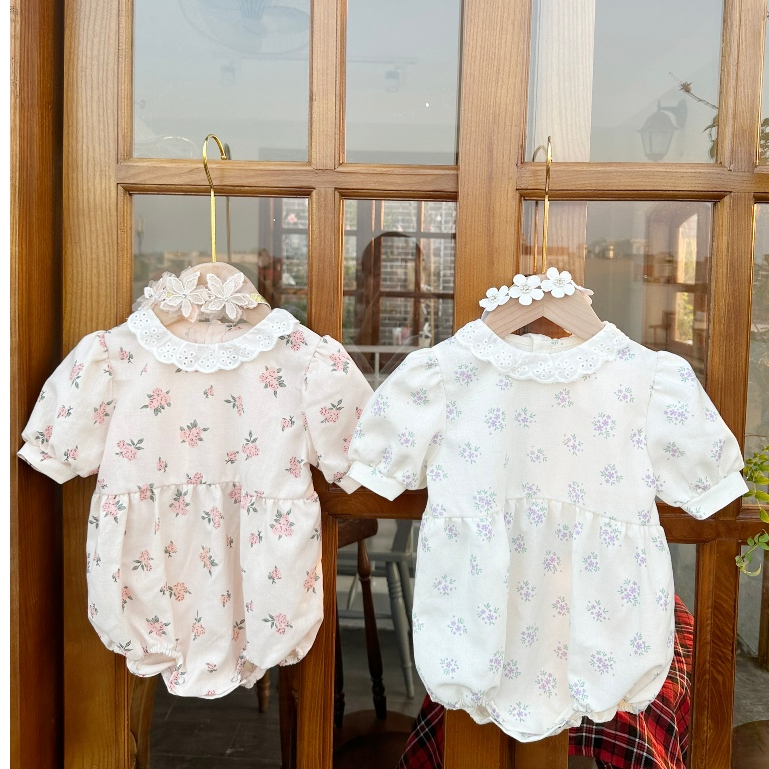 Bodysuit cổ ren tay bồng thô linen kèm băng đô