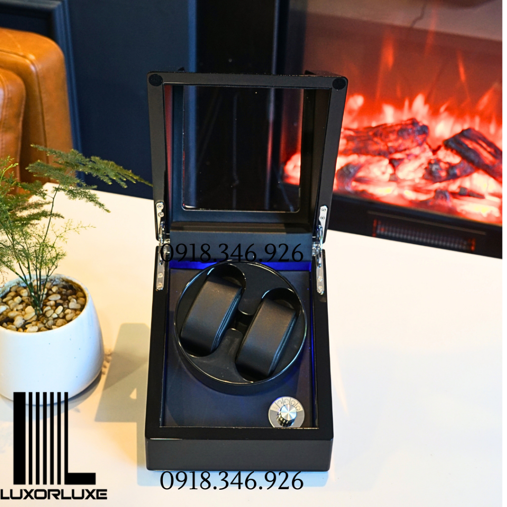 Hộp xoay 2 đồng hồ có đèn led có 4 chế độ xoay mở nắp tự dừng LUXOR LUXE khung gỗ phun sơn bóng hoặc bọc da