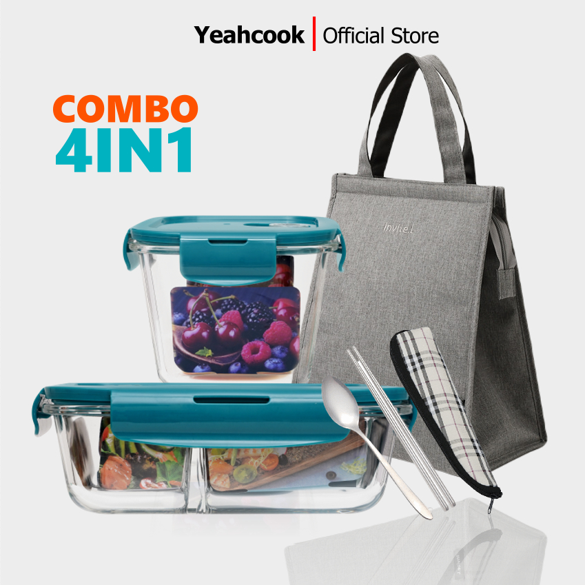 Bộ hộp cơm thủy tinh chia ngăn Yeahcook Glass Lunch Box kèm túi giữ nhiệt bộ thìa đũa inox