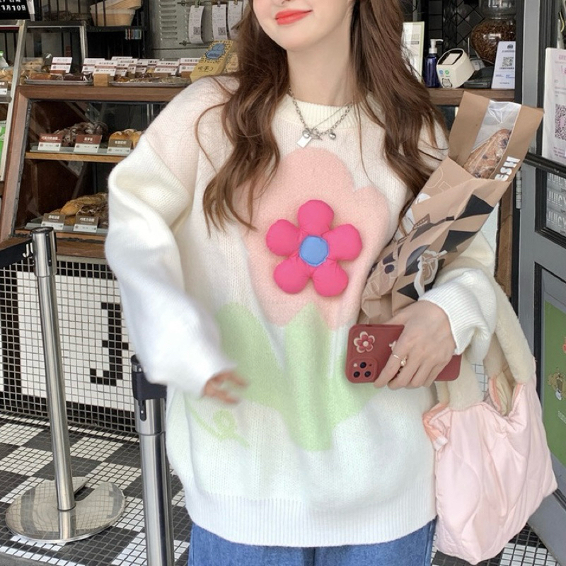 Áo len sweater cổ tròn hình bông hoa siêu xinh màu be và xanh pastel tôn da oversize dáng dấu quần ulzzang Hàn Quốc