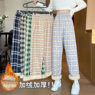 Quần caro ống rộng nữ lót lông dày ấm áp - Quần kẻ caro mùa đông suông cạp cao K2A0001