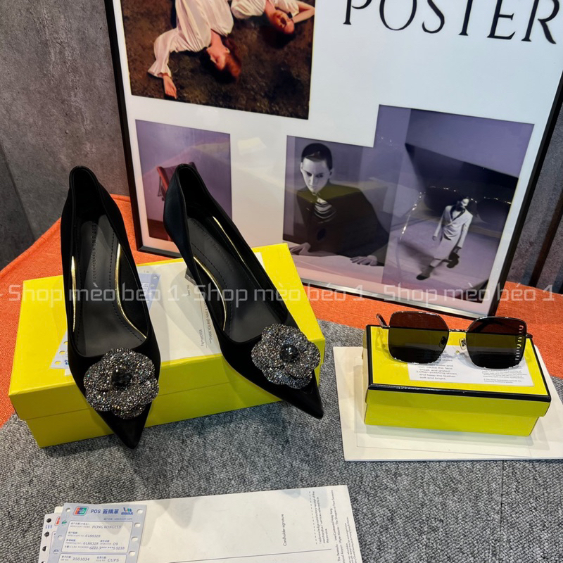 Giày cao gót mũi nhọn hoa đá đen gót nhọn fullbox hàng quảng châu cao cấp