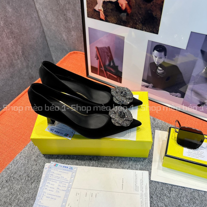 Giày cao gót mũi nhọn hoa đá đen gót nhọn fullbox hàng quảng châu cao cấp