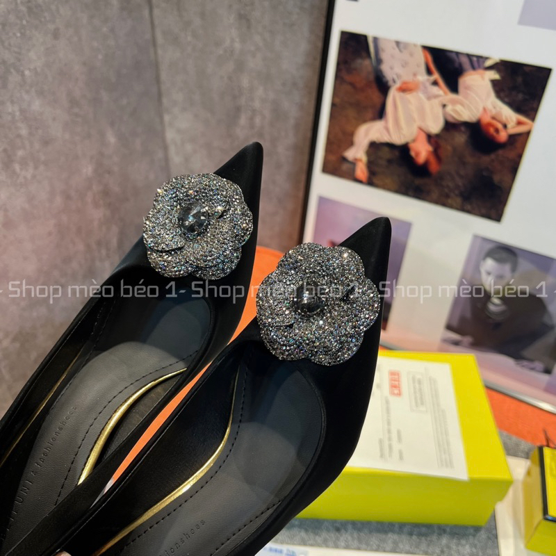 Giày cao gót mũi nhọn hoa đá đen gót nhọn fullbox hàng quảng châu cao cấp