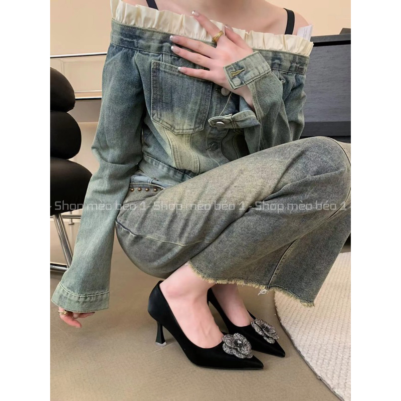 Giày cao gót mũi nhọn hoa đá đen gót nhọn fullbox hàng quảng châu cao cấp