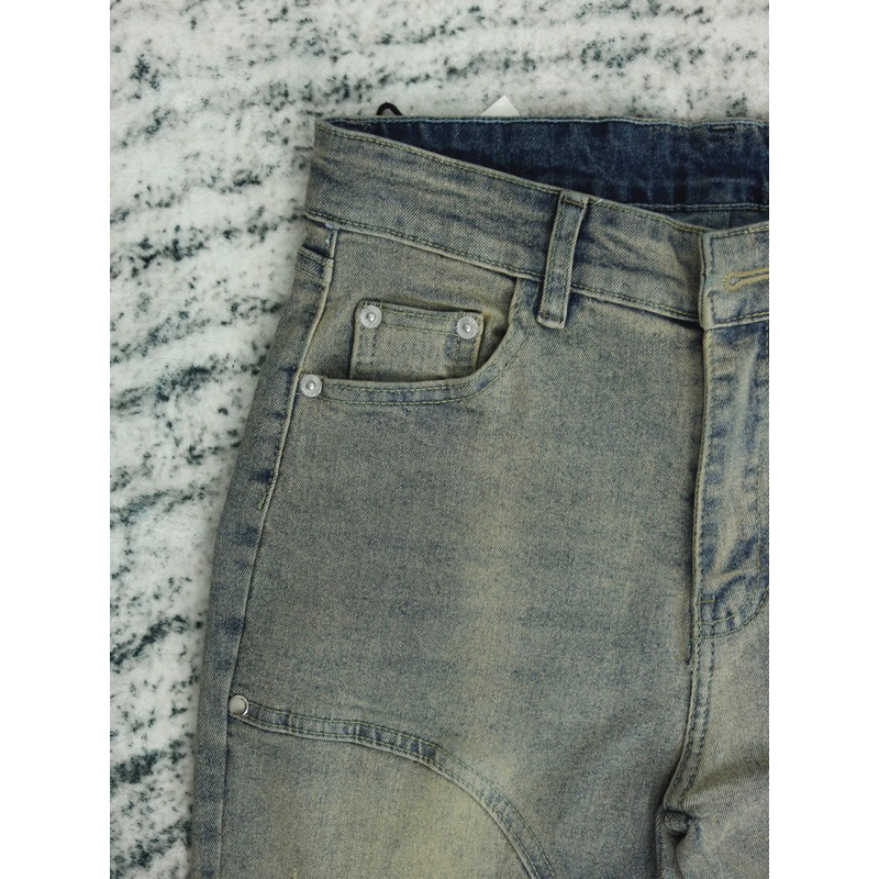 Quần jean nam thiết kế khóa zip phong cách streetwear cao câp BEAR màu xanh vàng form slimfit vải denim co giãn SK005
