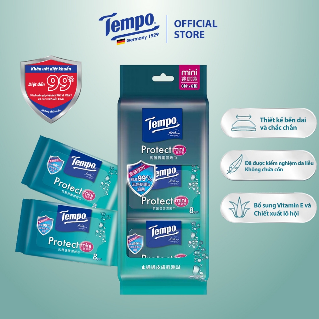 Khăn ướt Mini Tempo Protect Ngăn Ngừa Vi Khuẩn cao cấp - Diệt khuẩn 99% - Thương hiệu Đức