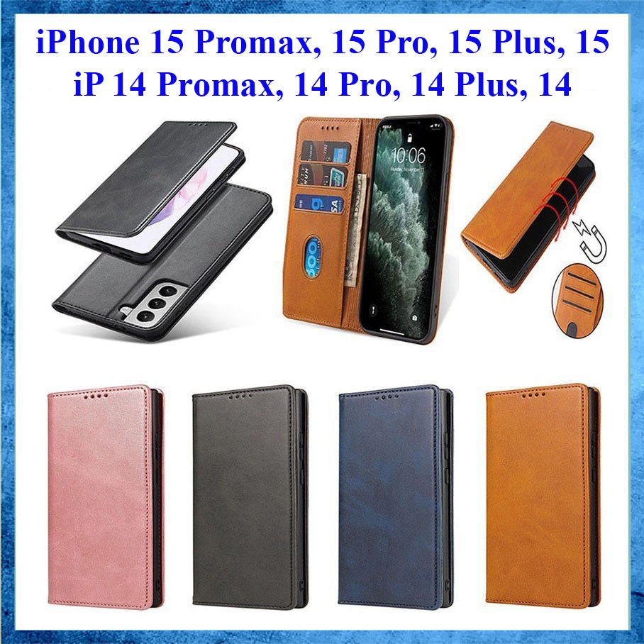 Bao da iPhone 15 Promax, 15 Pro, 15 Plus, 15, 14 Promax, 14 Pro, 14 Plus, 14 kiểu ví, có nắp gập, hit nam châm.