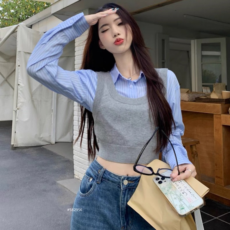 Set áo len + sơ mi sọc | DZU.SG |
