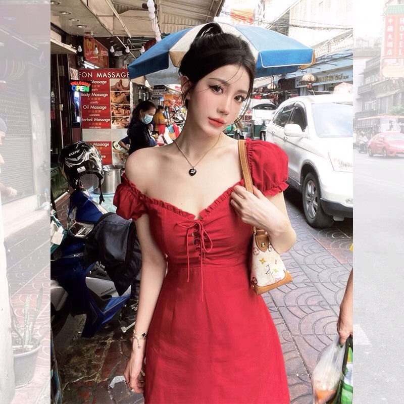 Đầm đang dây tay phồng dáng chữ A-Bigsize 50-80kg-H018
