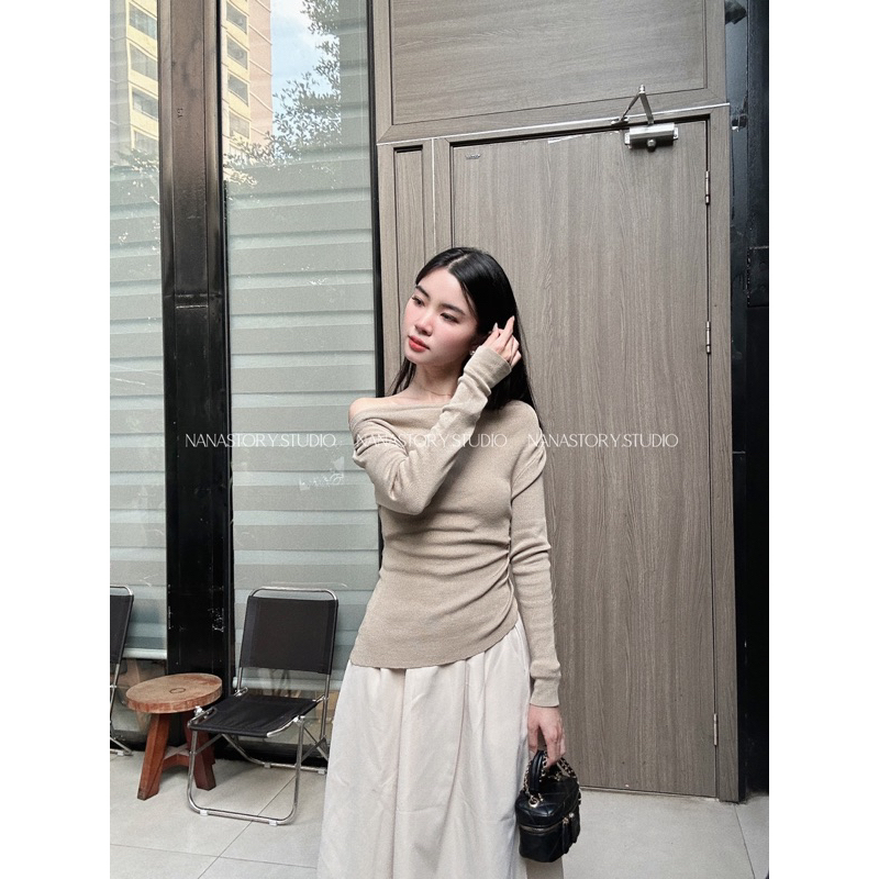 Set Áo Len Montoghi Áo Lệch Vai Mix Chân Váy Xoè Dáng Dài