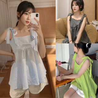 Set áo 2 dây bản to buộc nơ caro xanh quần sooc ngắn phong cách dễ thương SQ002 ANYASHOP234