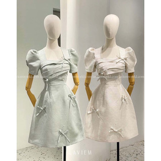 Váy cổ vuông tay bồng thiết kế size M có ảnh thật chất tafta vân gỗ tag nơ ( hàng pass )
