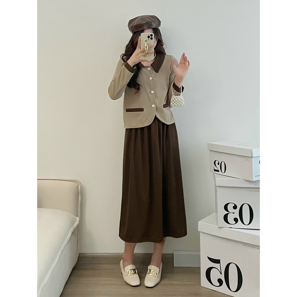 Set Áo Thun Cổ Phối Màu Khuy Ngọc Kèm Chân Váy Xếp Ly Xoè Lưng Chun Tiểu Thư